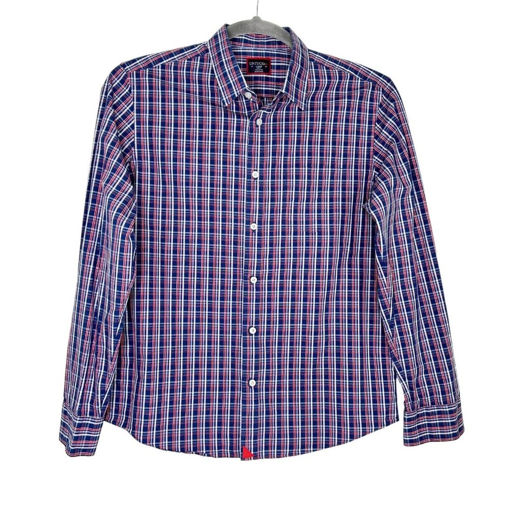 Untuckit Cormons Button Down Shirt Mens Size Large Red White Blue Plaid Slim Fit - Picture 1 of 10